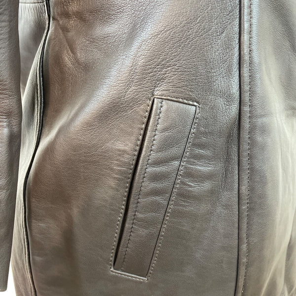 Womens Brown Leather Button-Up Trench Coat With Faux Fur Lining
