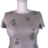 St. John Women’s Silver Sheath Metallic Dress Embroidered Short Sleeve Sz 12