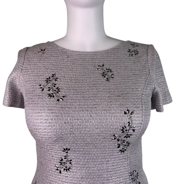 St. John Women’s Silver Sheath Metallic Dress Embroidered Short Sleeve Sz 12