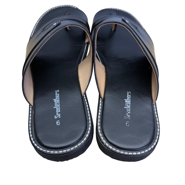Sreeleathers Black Leather Cushioned Soles Open-Toe Chappal Sandals Sz 10US