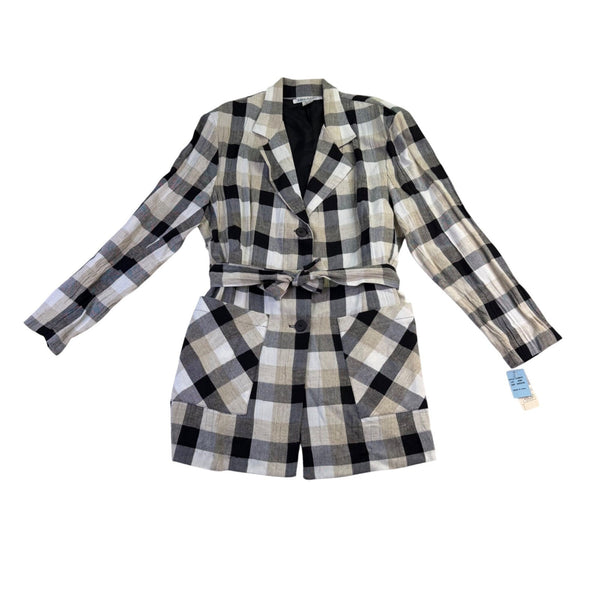 Ellen Ashley Womens Beige/Black Plaid Blazer Jacket Tie Waist Size M