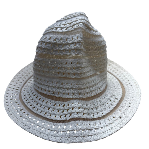 Nine West White Woven bucketHat With Openwork Design & Inner Ribbon Band