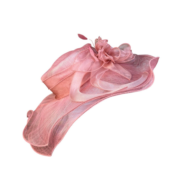 Pink Womens Organza Wide Brim Flower Fascinator Hat Lightweight Elegant Sun Hat