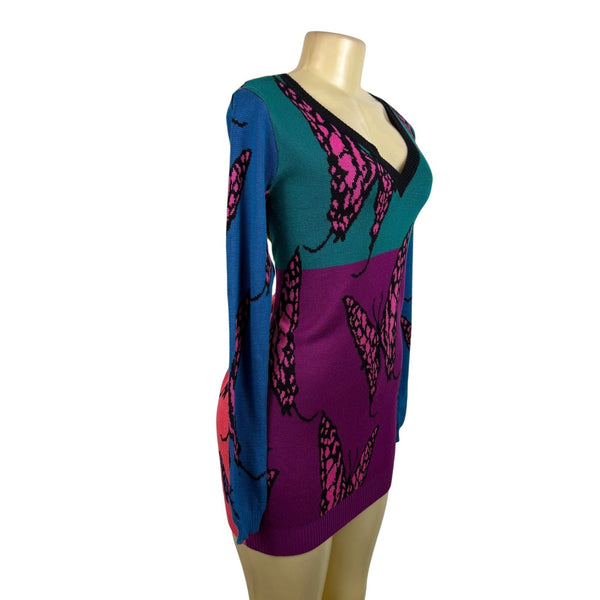 Betsey Johnson Womens Multicolor Butterfly Print V-Neck Sweater Dress Sz M