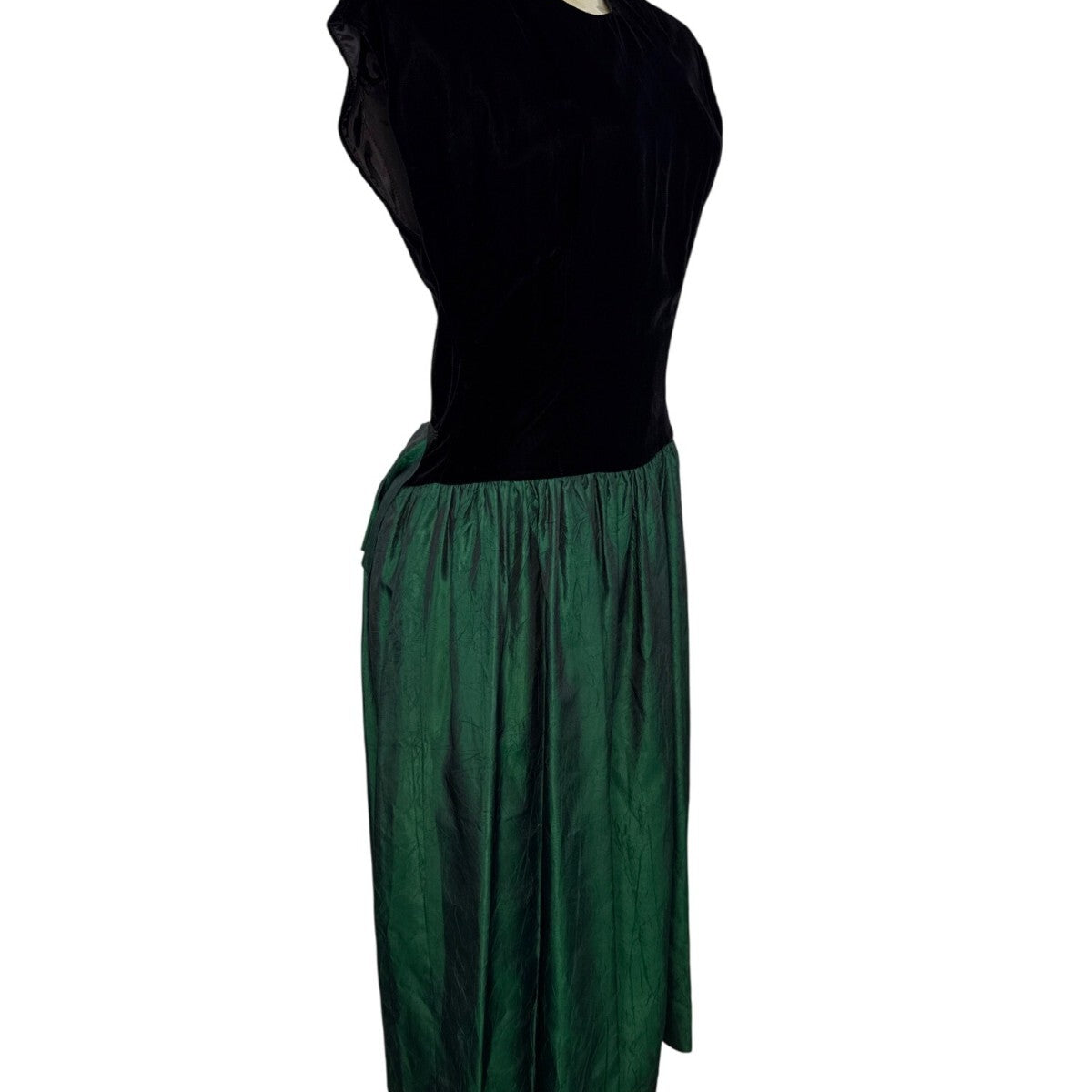 Vintage Lloyd Williams Black Velvet & Green Satin Dress With Bow Detail Sz 8