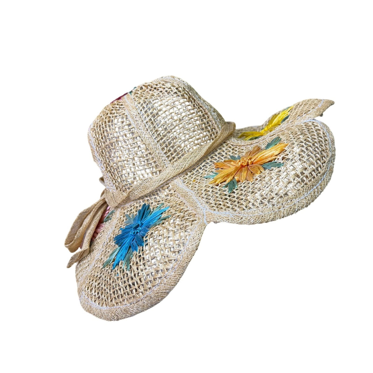 Straw Women Beige Raffia Sun Hat Floral Embroidered Decorative Brim Bow