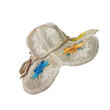 Straw Women Beige Raffia Sun Hat Floral Embroidered Decorative Brim Bow