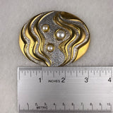 Vintage HR Gold & Silver Oval Belt Buckle With Pearl Accents