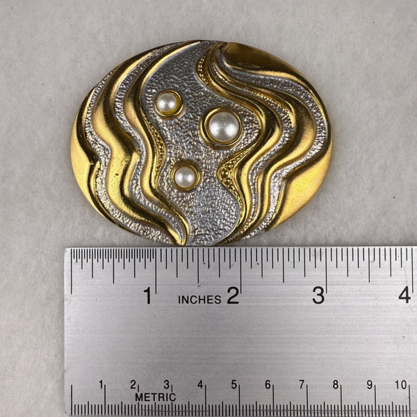 Vintage HR Gold & Silver Oval Belt Buckle With Pearl Accents