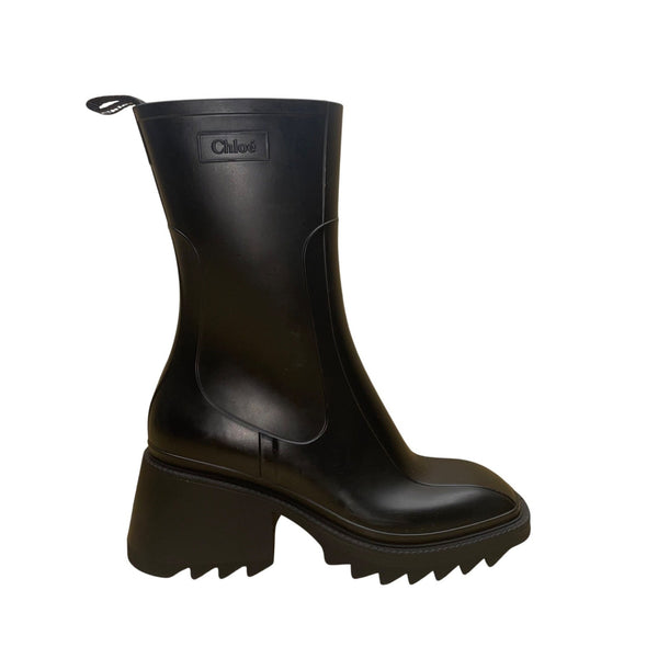 Chloe Women’s Black Rubber Zip-Up Chunky Heel Square Toe Betty Rain Boots Sz 10