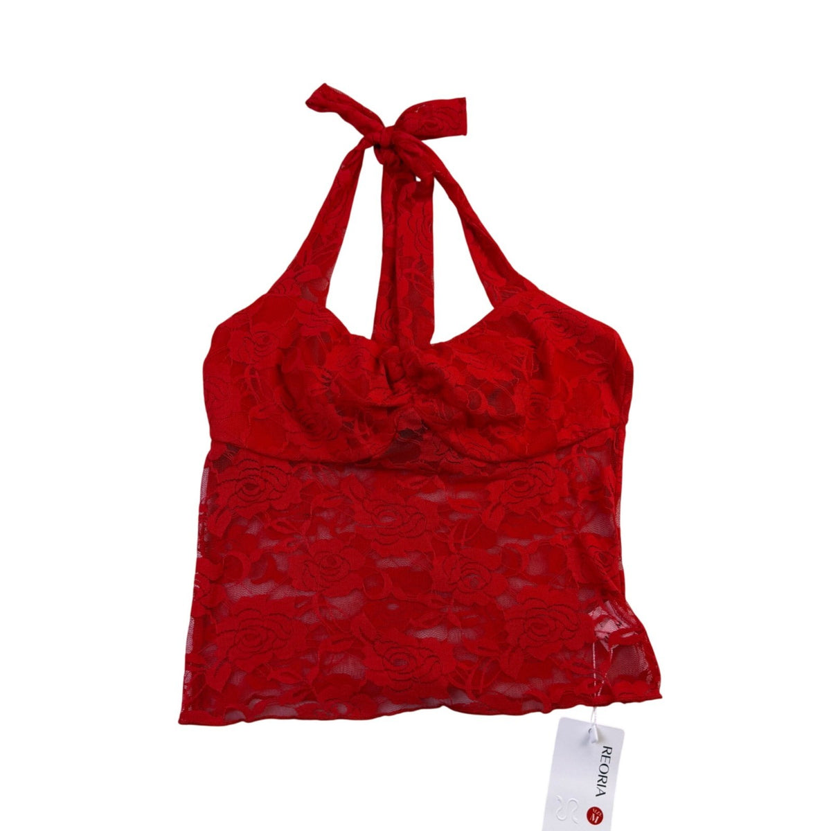 Reoria Womens Red Lace Halter Top Sheer Floral Tie-Neck Camisole Size M