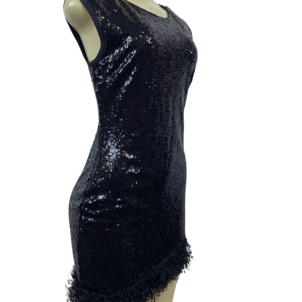 Black Sequin Sleeveless Mini Dress With Fringe Accent