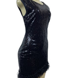 Black Sequin Sleeveless Mini Dress With Fringe Accent