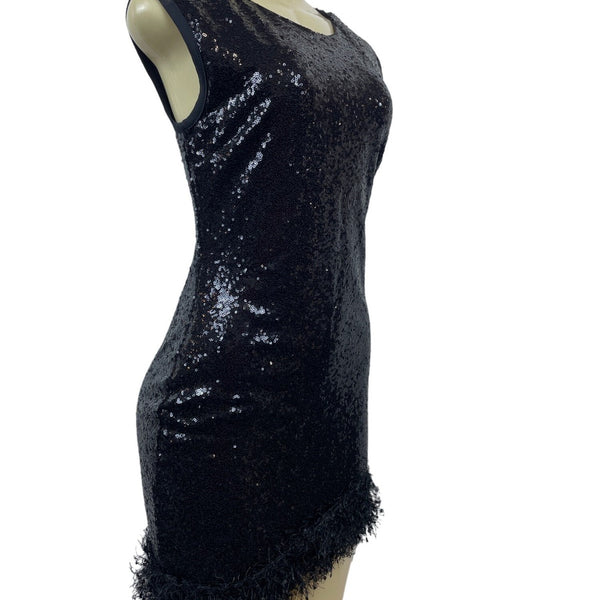 Black Sequin Sleeveless Mini Dress With Fringe Accent