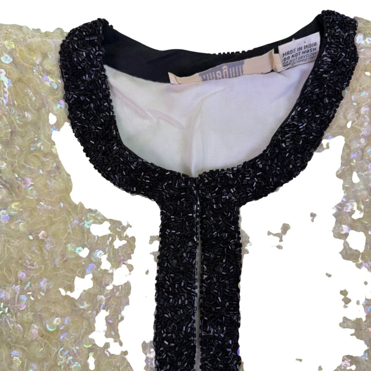I. Magnin Womens Ivory & Black Silk Beaded Sequin Jacket 100% Silk Lining Size M