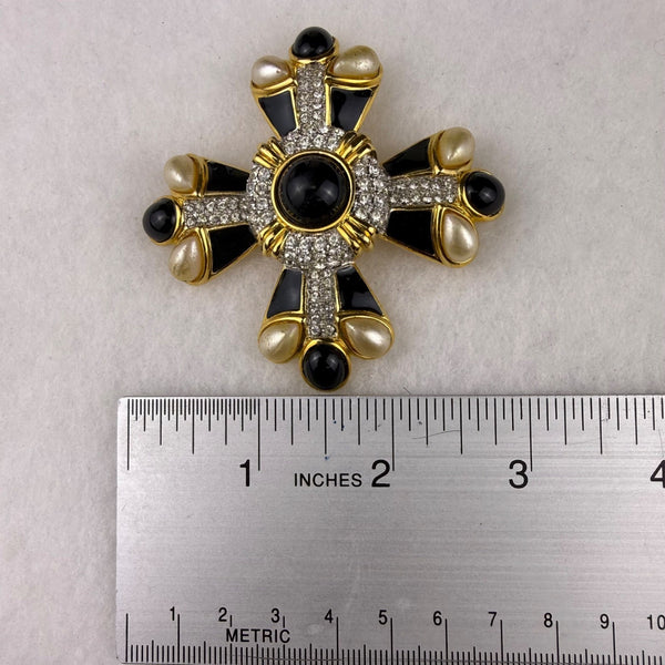 AFJ Vintage Gold Tone Black Enamel Faux Pearl Rhinestone Maltese Cross Brooch