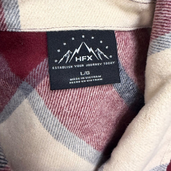 HFX Womens Red Beige Polyes/Wool Long-Sleeve Plaid Button Up Shirt Jacket  Sz L
