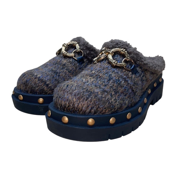 Circus By Sam Edelman Women’s Brown & Blue Faux Wool Cozy Studded Mule Clogs Siz
