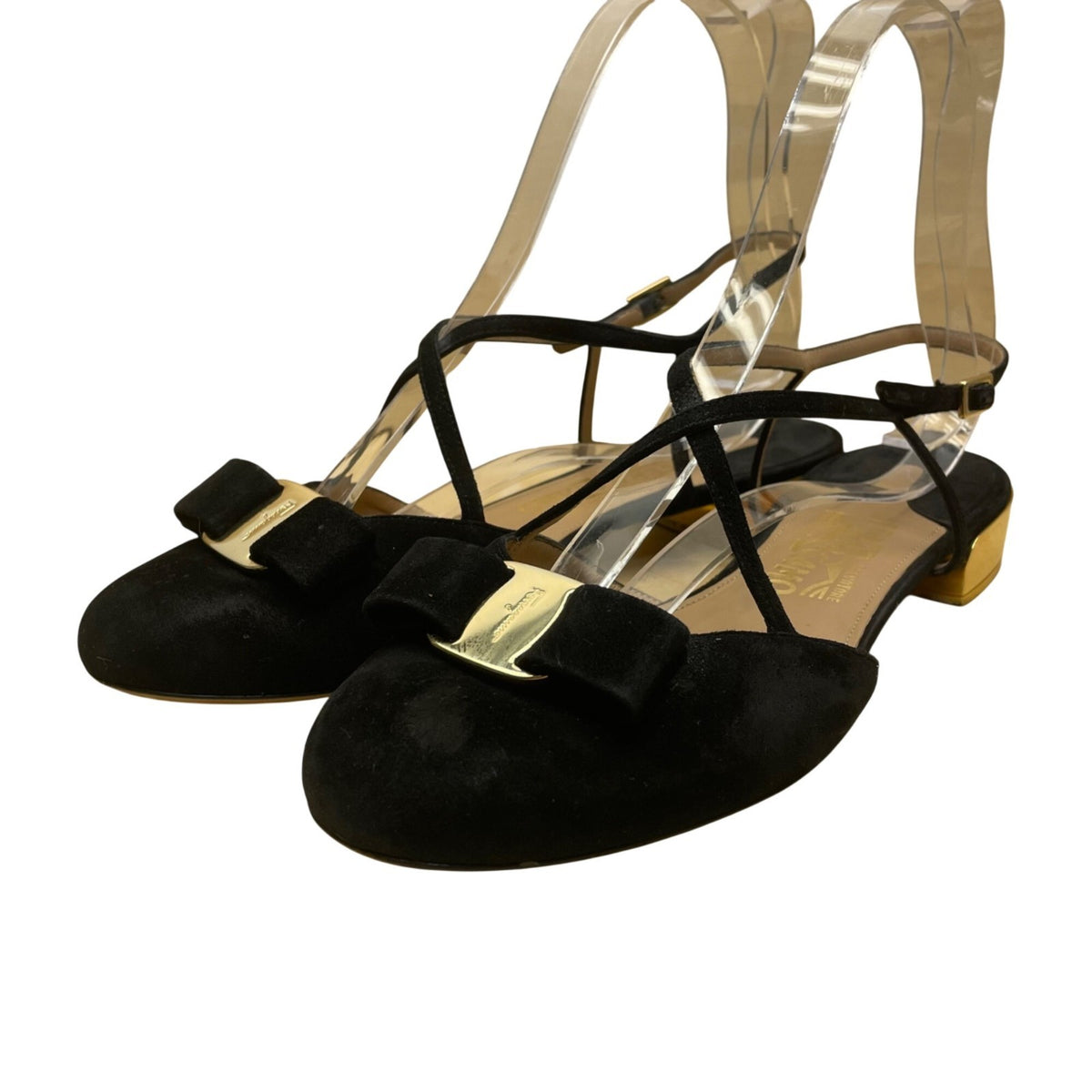 Salvatore Ferragamo Women’s Black Suede Bow Gold Accent Heel Sandals Size 10B