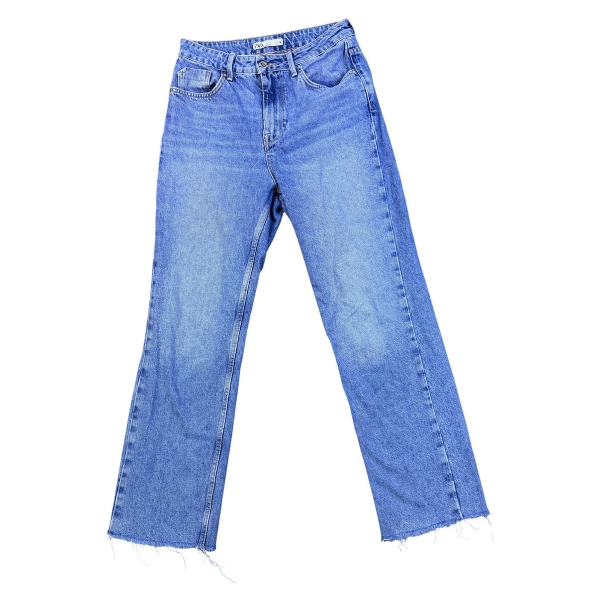 Zara Womens Blue Cotton Straight Leg Frayed Hem Jeans High Waist Denim Size 6