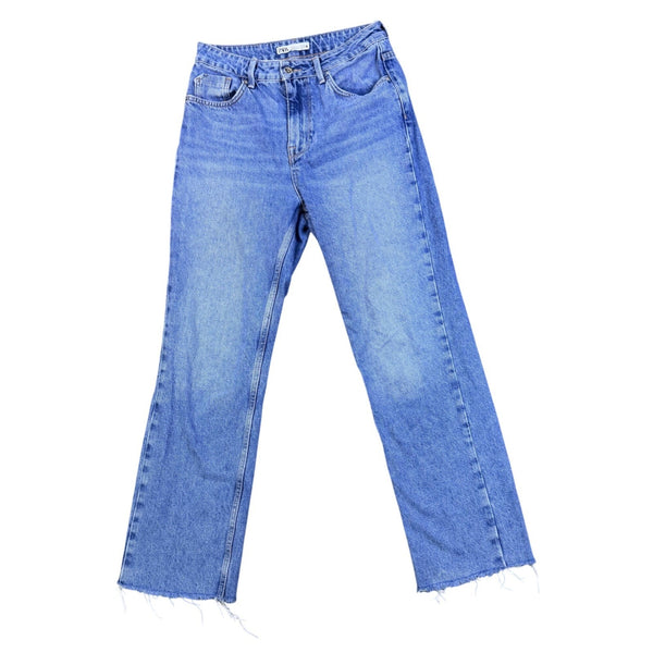 Zara Womens Blue Cotton Straight Leg Frayed Hem Jeans High Waist Denim Size 6