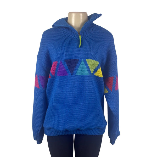 Sos Redline Vintage Unisex Blue Half-Zip Sweater With Triangle Pattern