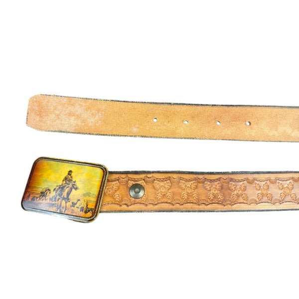 Hand Tooled Don Hewitt Mens Tan Leather Western Belt Cowboy Horse Buckle