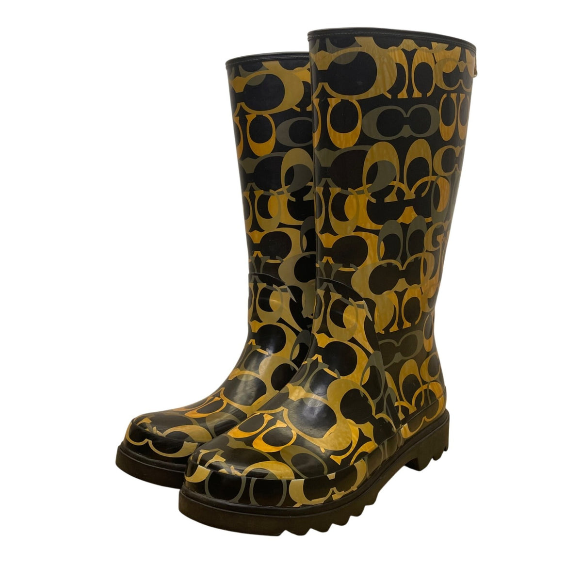 Coach Womens Black & Yellow Rubber Patterned Paisley Rain Boots Size 8M