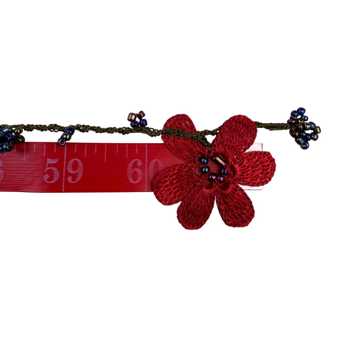Handmade Womens Red Crochet Floral Necklace With Beads