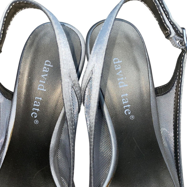 David Tate Women’s Silver Satin Slingback Bow Accent Peep-Toe Heels Size 6.5M