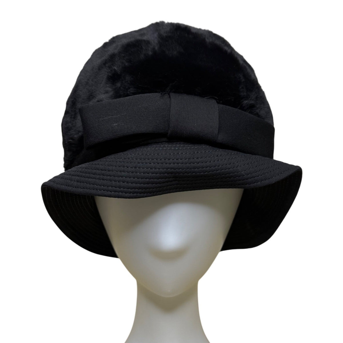 Saks Fifth Avenue 1960s Womens Black Faux Fur Cloche Hat With Bow Red Lining
