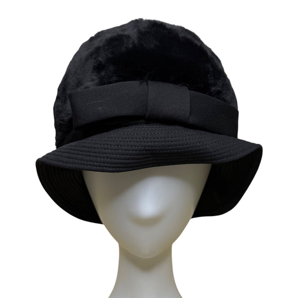 Saks Fifth Avenue 1960s Womens Black Faux Fur Cloche Hat With Bow Red Lining