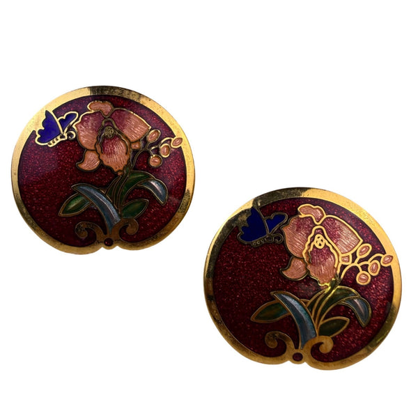 Vintage Unknown Womens Gold Tone Cloisonné Floral Butterfly Enamel Earrings