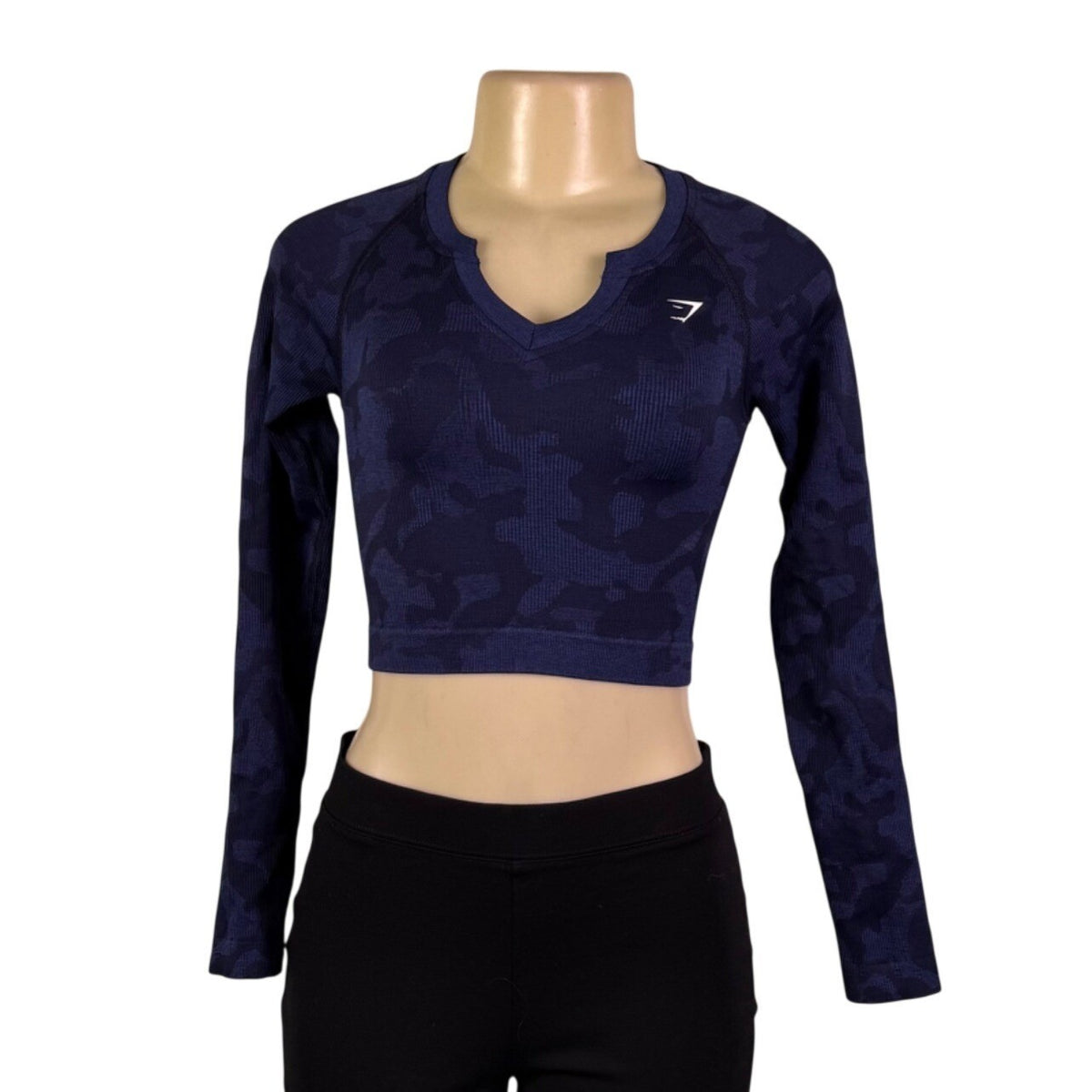 Gymshark Womens Blue Nylon Blend Cropped Camo Long Sleeve Top XS