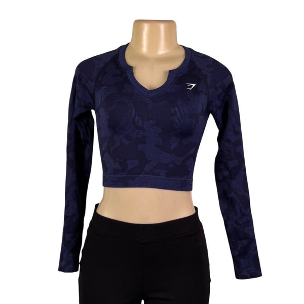 Gymshark Womens Blue Nylon Blend Cropped Camo Long Sleeve Top XS