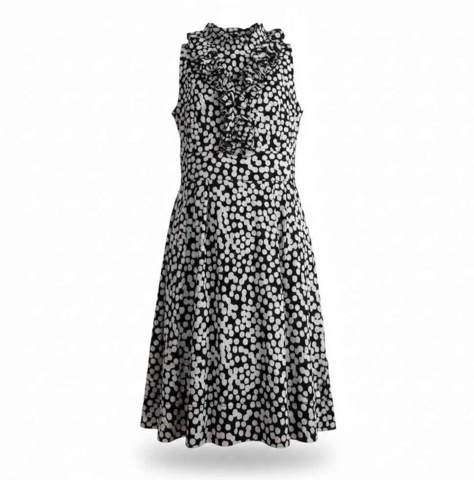 Just Taylor Womens Black & White Sleeveless Polka Dot Ruffle Neck Dress Sz 6