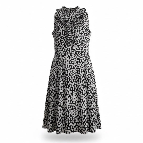Just Taylor Womens Black & White Sleeveless Polka Dot Ruffle Neck Dress Sz 6