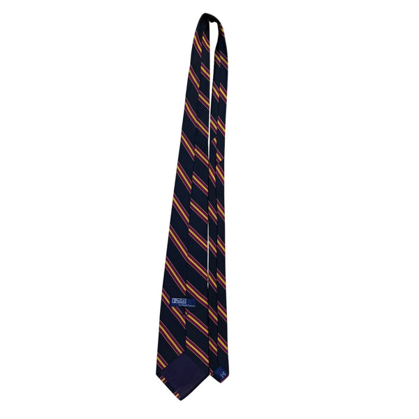 Polo Mens Navy Burgundy Gold Striped Silk Necktie Made In USA Elegant Business