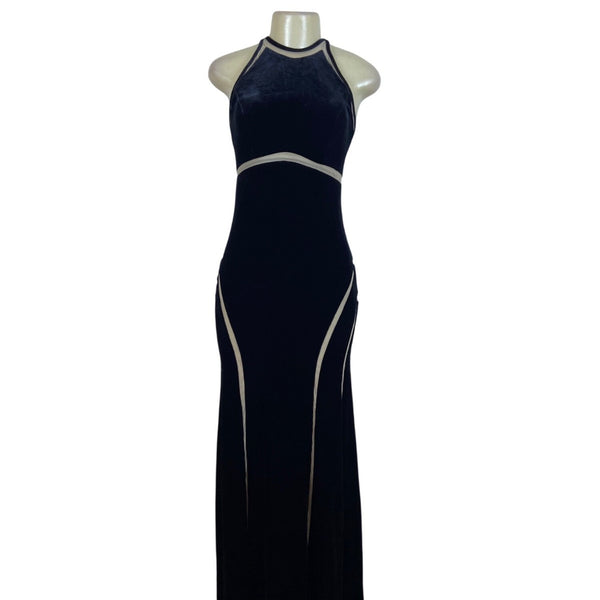 Xscape Womens Black Velvet Evening Gown Maxi Dress With Beige Trim 8 - New