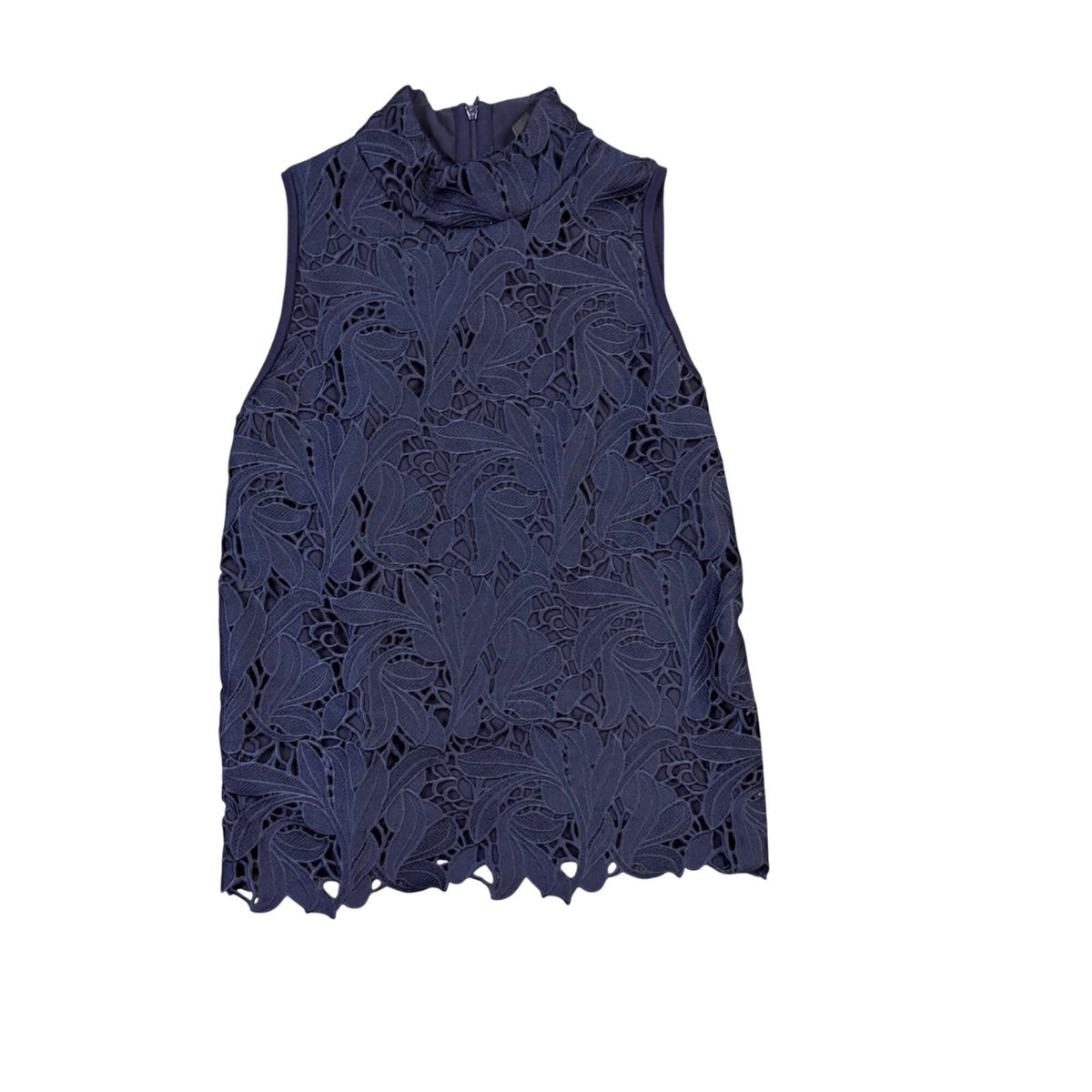 Ann Taylor Womens Navy Lace High-Neck Sleeveless Top Scalloped Hem Size XS