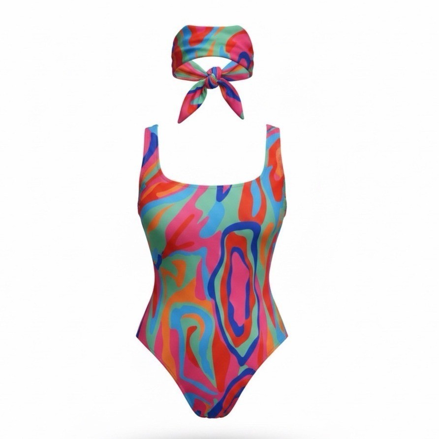 Fashion Nova Womens Multicolor Swimsuit & Headscarf Set Sz Large