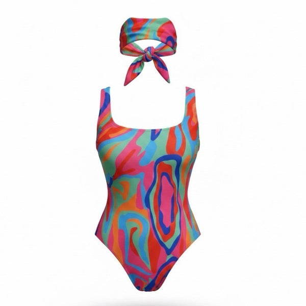 Fashion Nova Womens Multicolor Swimsuit & Headscarf Set Sz Large