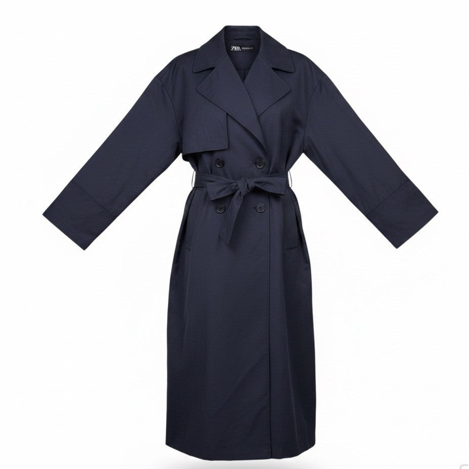 Zara Womens Navy Belted Double-Breasted Trench Coat Long Classic Style Sz M