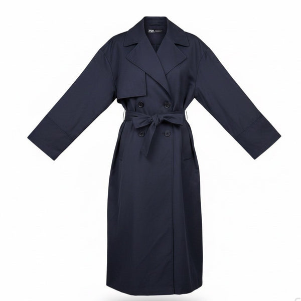 Zara Womens Navy Belted Double-Breasted Trench Coat Long Classic Style Sz M
