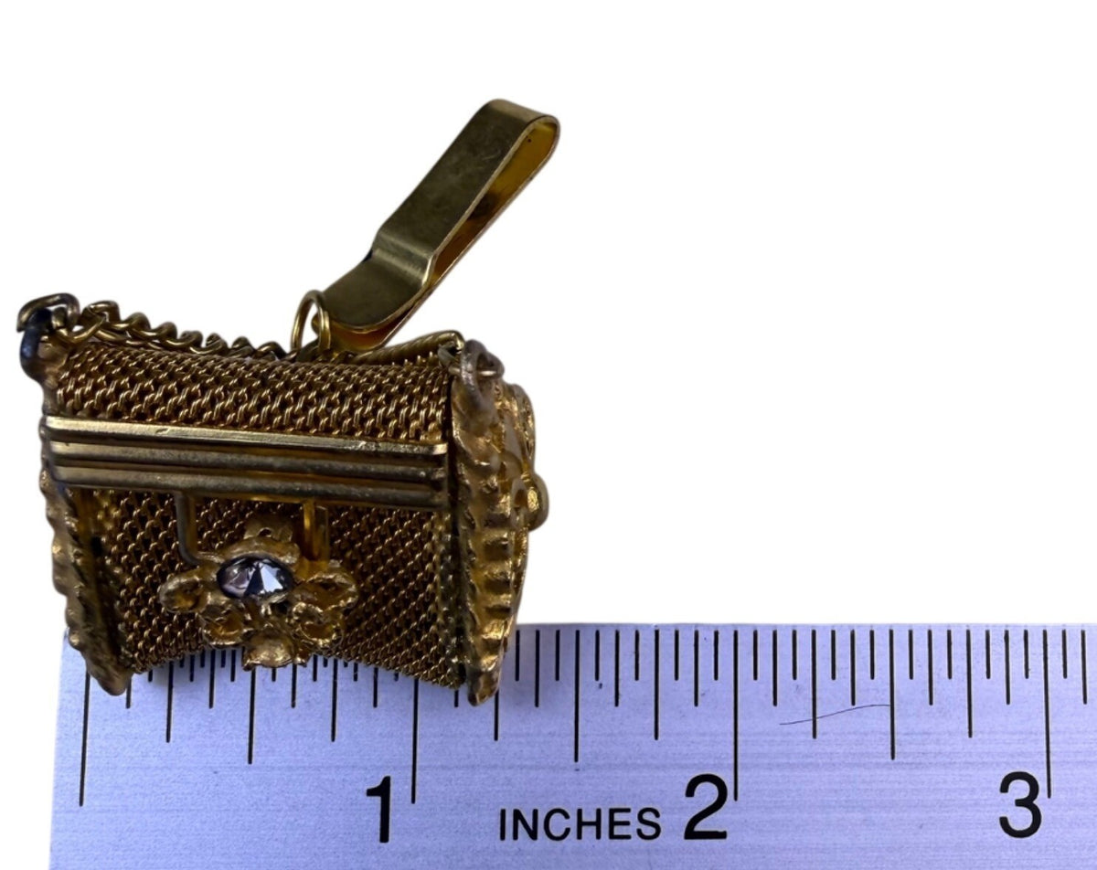 Miniature Vintage Gold-Toned Mesh Pillbox With Chain Clip & Rhinestone Detail