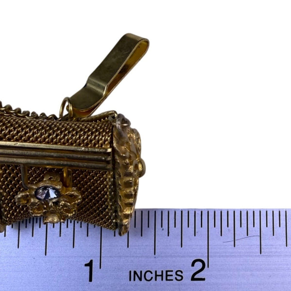 Miniature Vintage Gold-Toned Mesh Pillbox With Chain Clip & Rhinestone Detail