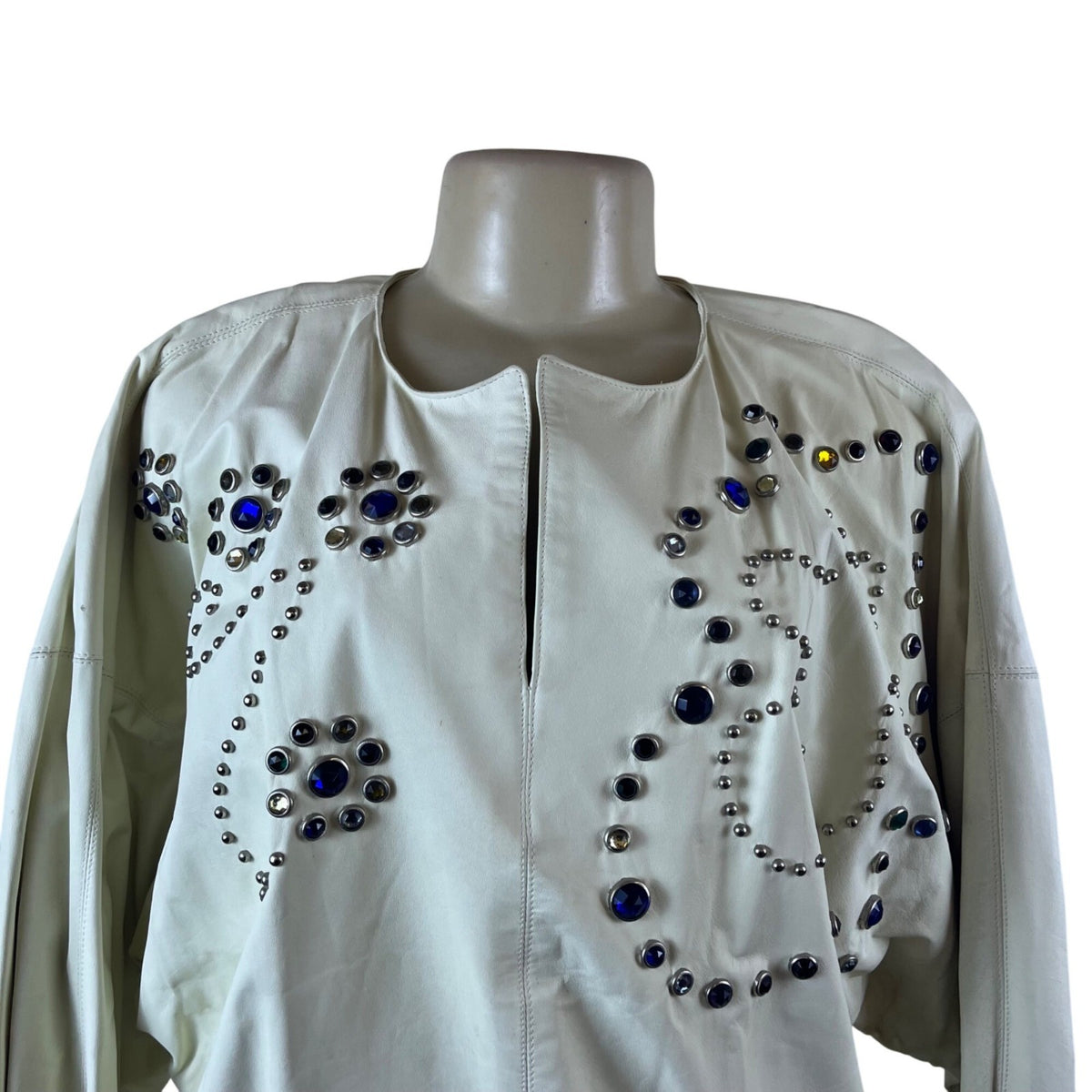 Polly Edwards Womens White Gem Embellished Vintage Sweater Jacket Elastic Hem
