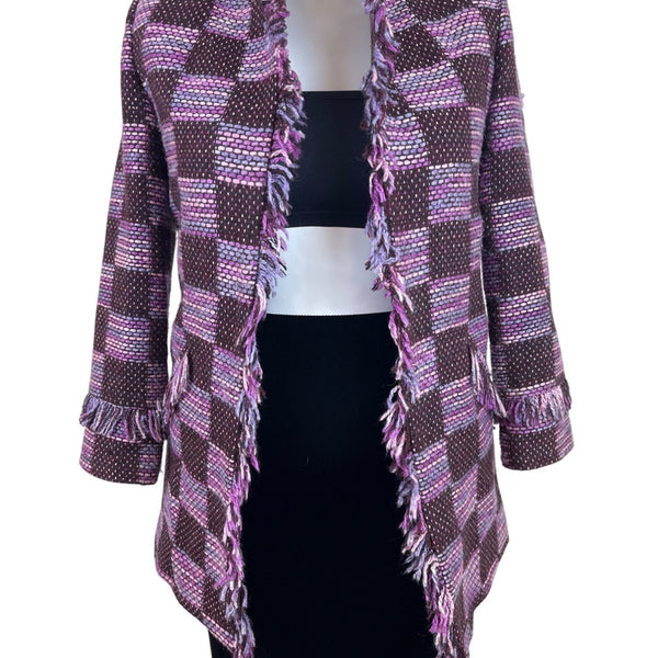 Starlite Womens Brown & Pink Woven Fringe Open Front Blazer Jacket Sz 12