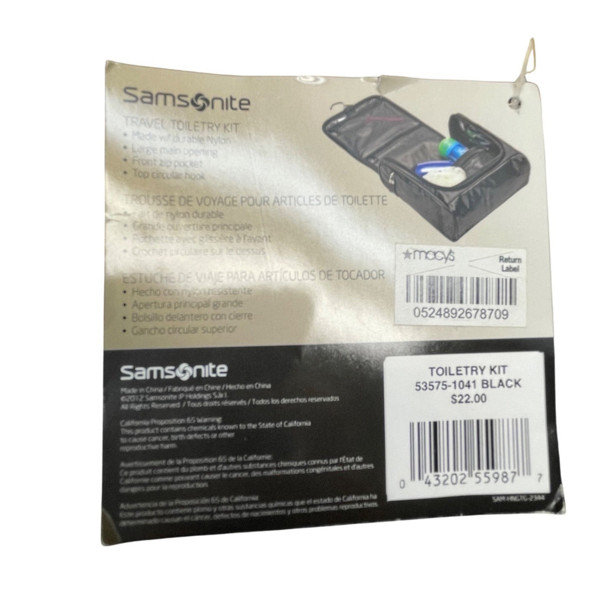 Samsonite Black Nylon With Zipper Pockets & Hook Travel Toiletry Kit Bag