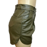 Atelier Linah Women's Green High Waisted Synthetic Leather Tulip Hem Shorts Sz 3